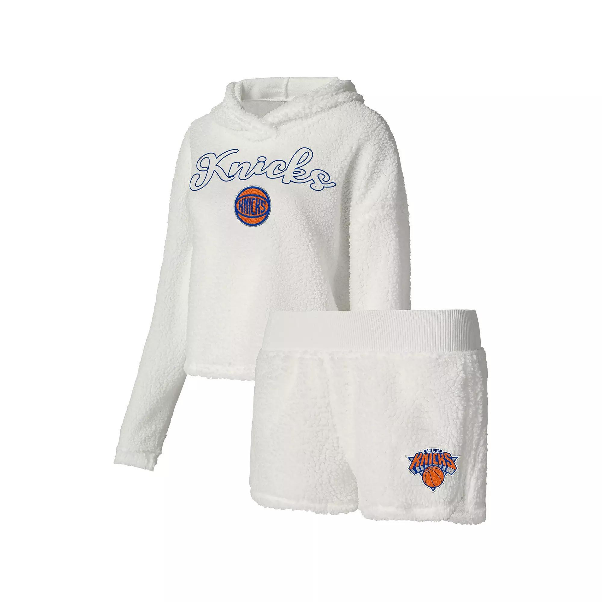 Women's College Concepts Cream New York Knicks Fluffy Long Sleeve Hoodie T-Shirt & Shorts Sleep Set, Size: XL, White Product Image