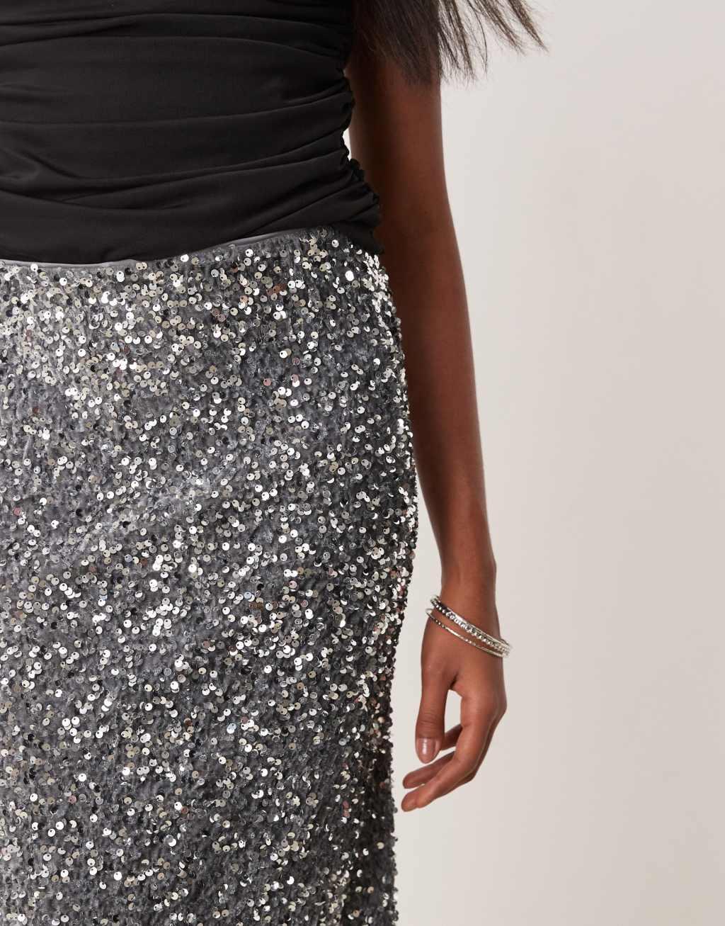 Vila sequin & velour maxi skirt in silver gray Product Image