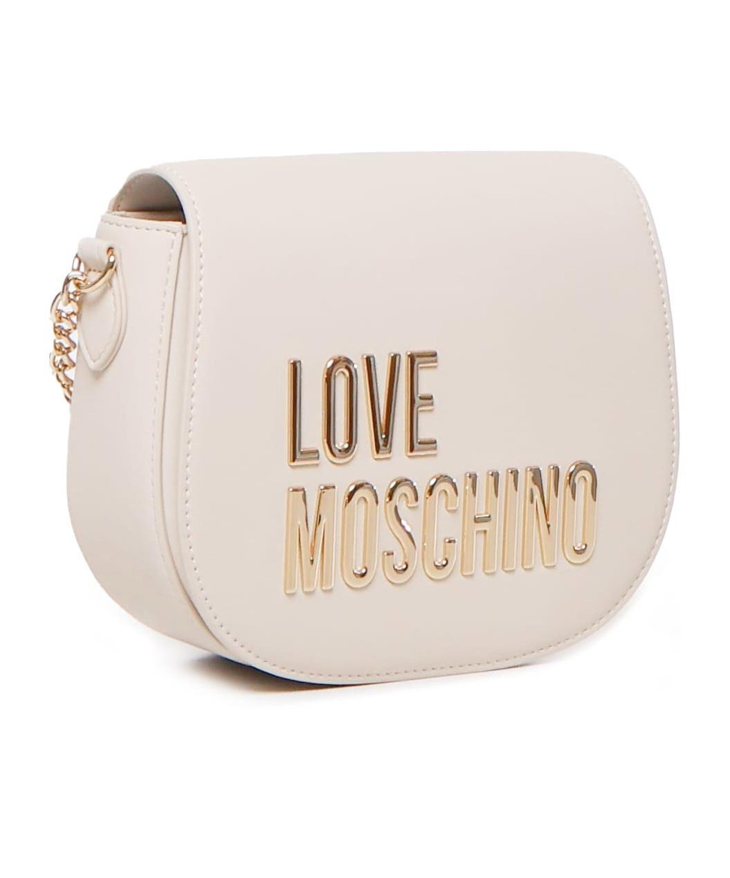 MOSCHINO Love Faux Leather Saddle Bag With Golden Chain And Maxi Logo In White Product Image