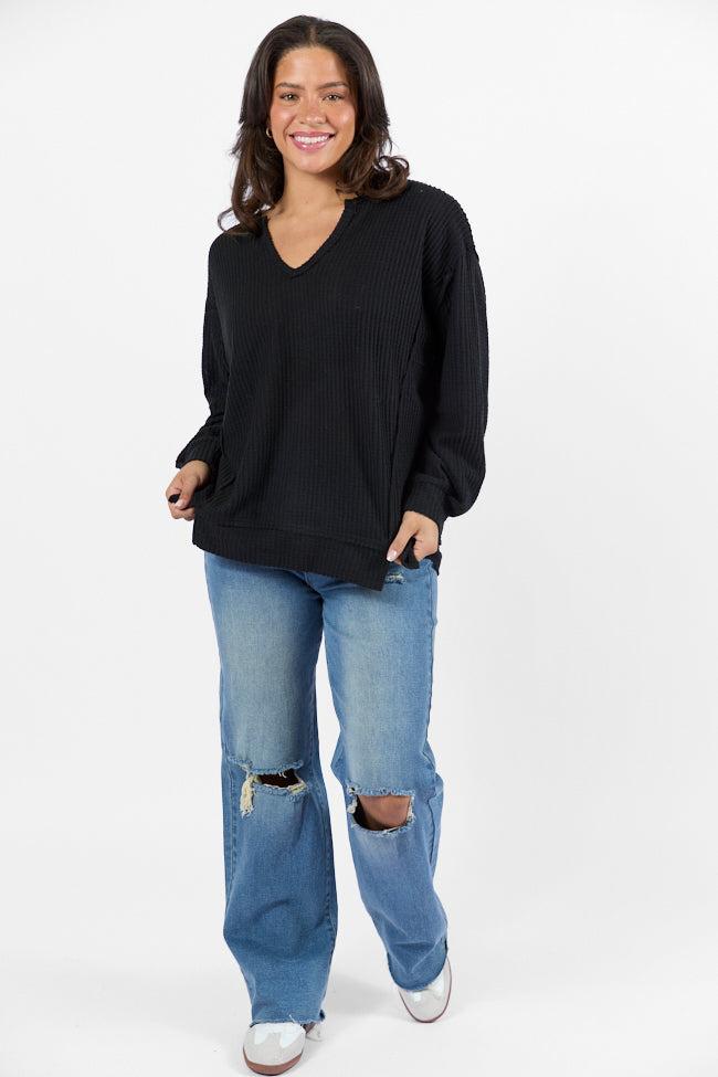 Reasonable Assumption Black Brushed Waffle Knit Oversized Top Product Image