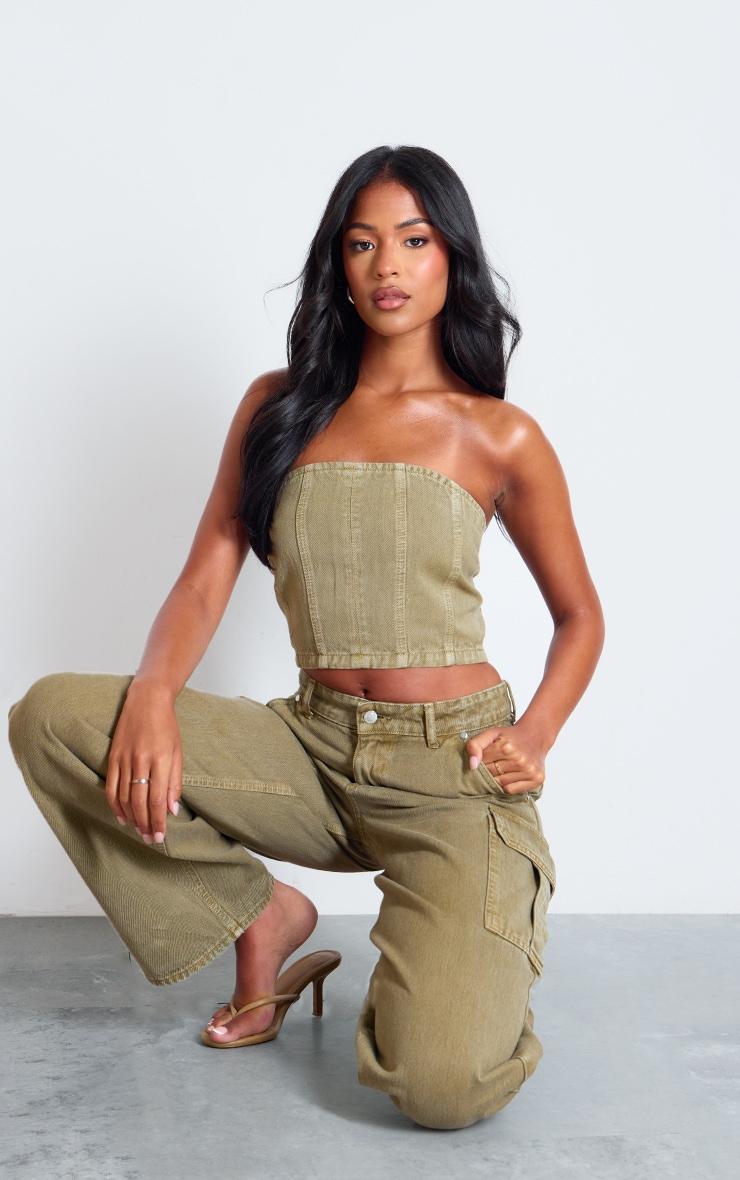 Tall Washed Khaki Denim Bandeau Corset Top Product Image