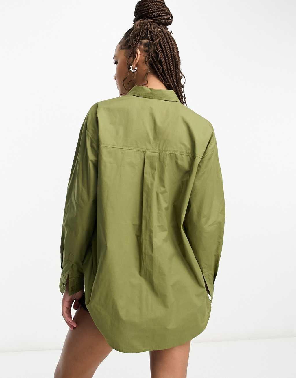 Miss Selfridge poplin utility oversized shirt in khaki  Product Image