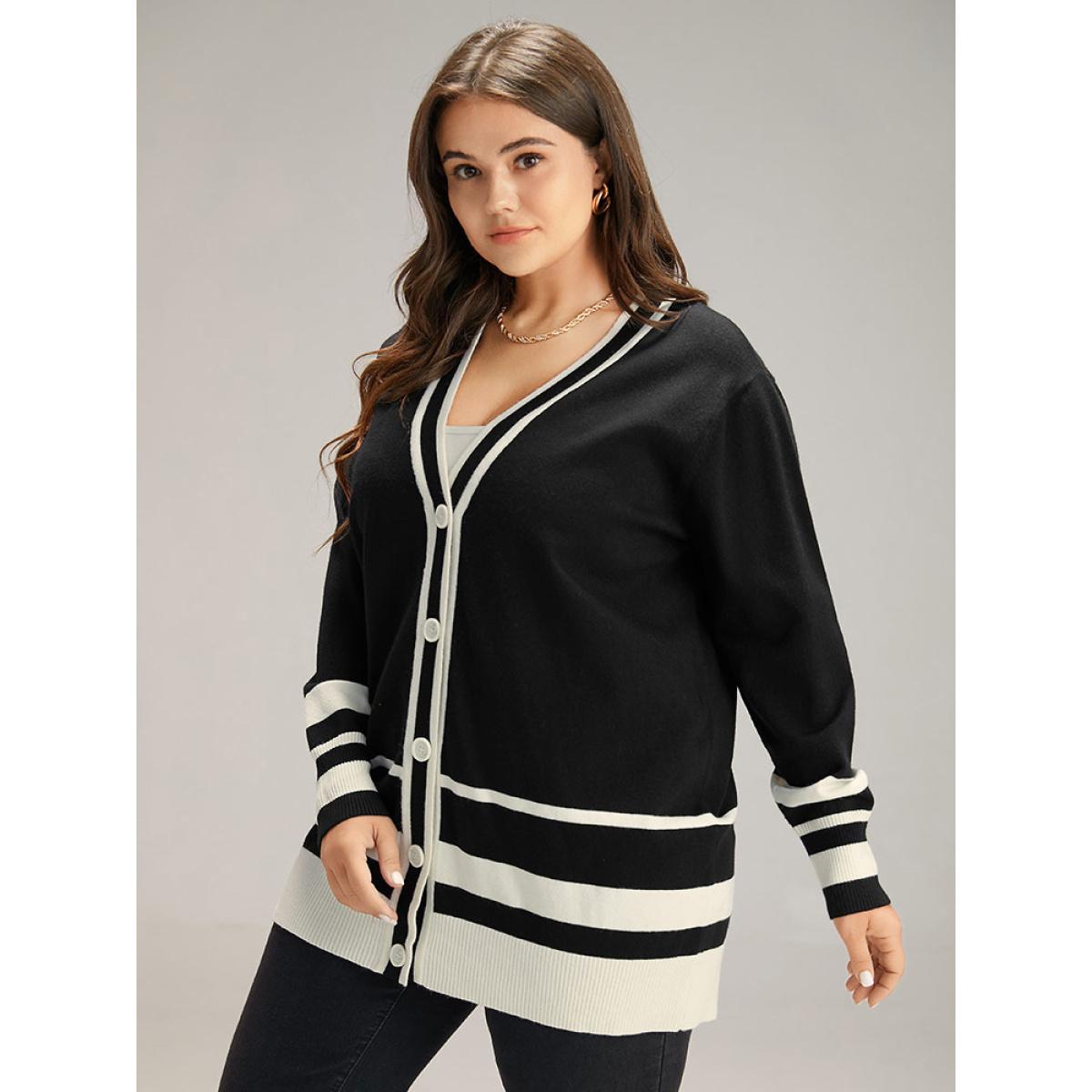 Plus Size Supersoft Essentials Anti-Pilling Contrast Button Up Cardigan Black Women Casual Loose Long Sleeve Dailywear Cardigans BloomChic 10/M Product Image