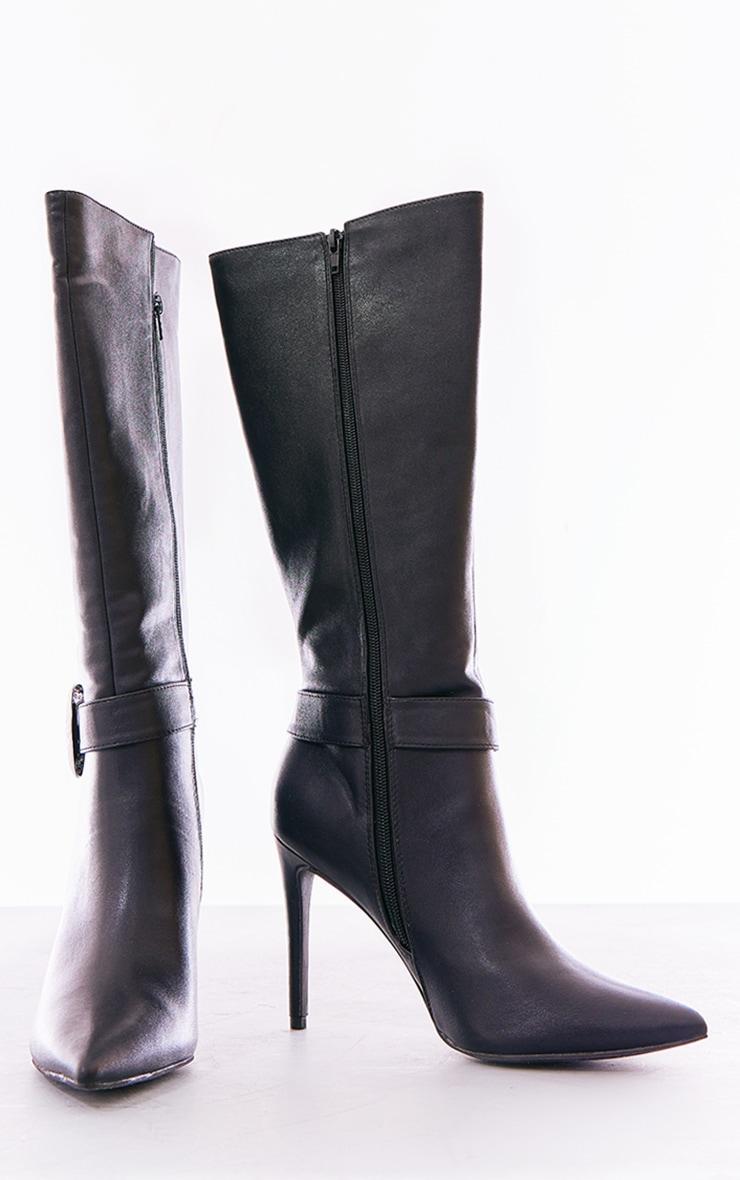 Black Faux Leather Point Toe Western Buckle Knee High Heeled Stiletto Boots Product Image