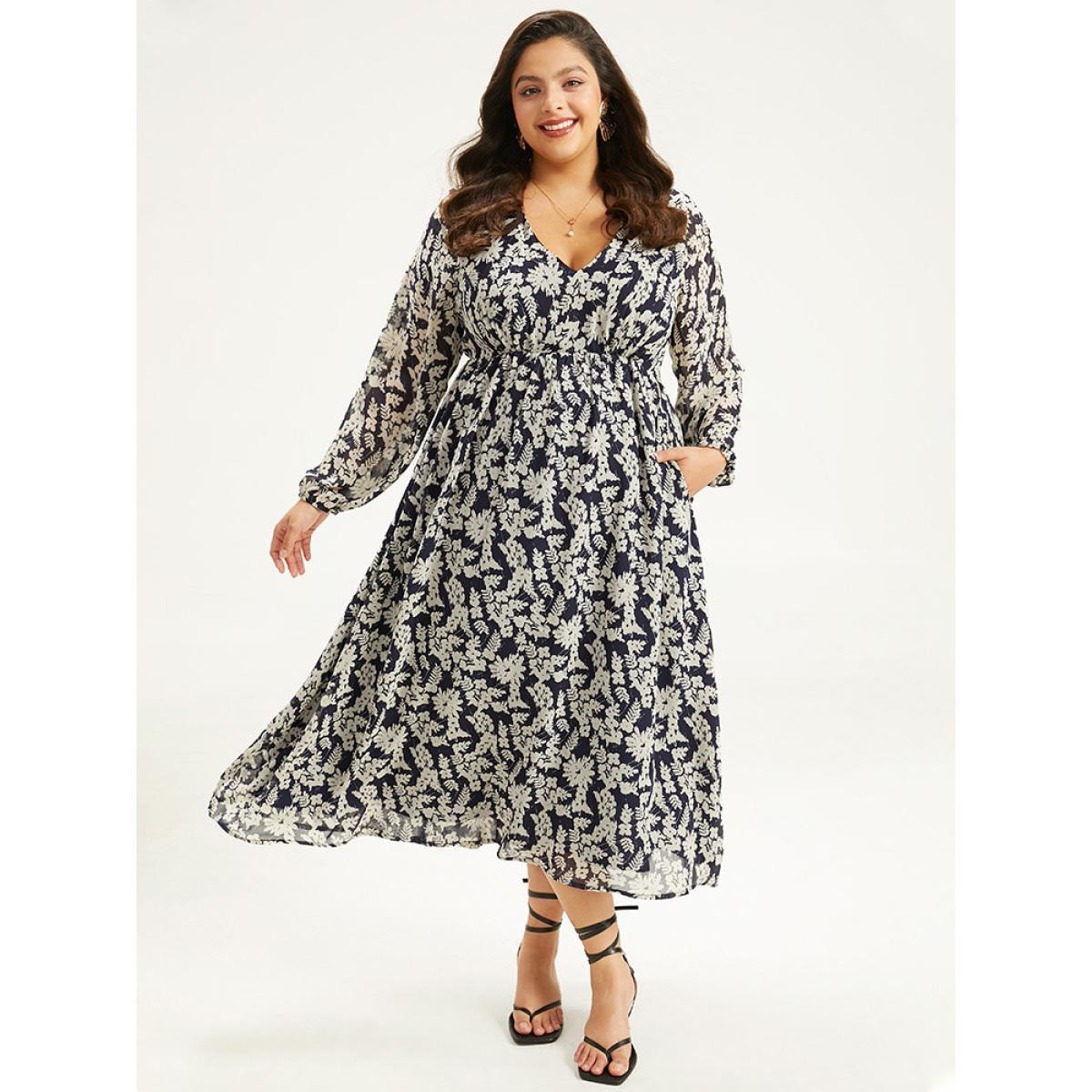 Plus Size Silhouette Floral Print Lantern Sleeve Dress DarkBlue Women Elegant Elastic cuffs V-neck Long Sleeve Curvy Midi Dress BloomChic 22-24/3X Product Image