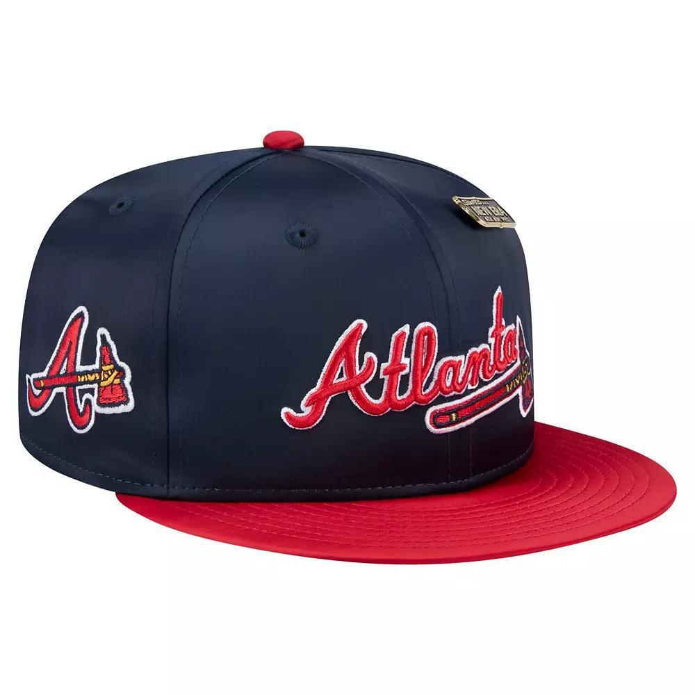 Men's New Era Navy/Red Atlanta Braves Satin 59FIFTY Fitted Hat, Size: 7 3/8, Blue Product Image