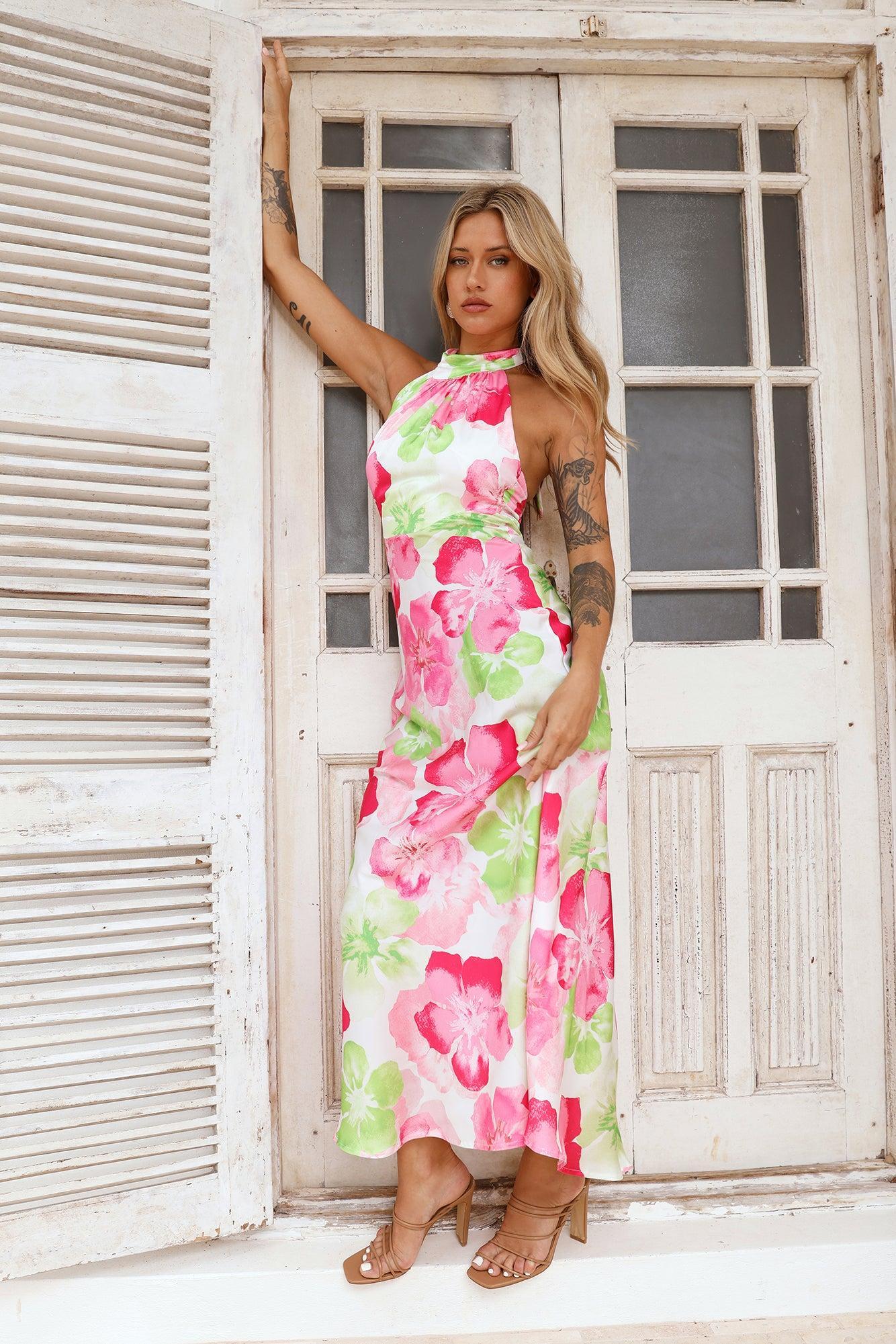 Distant Now Satin Halter Maxi Dress Pink Product Image