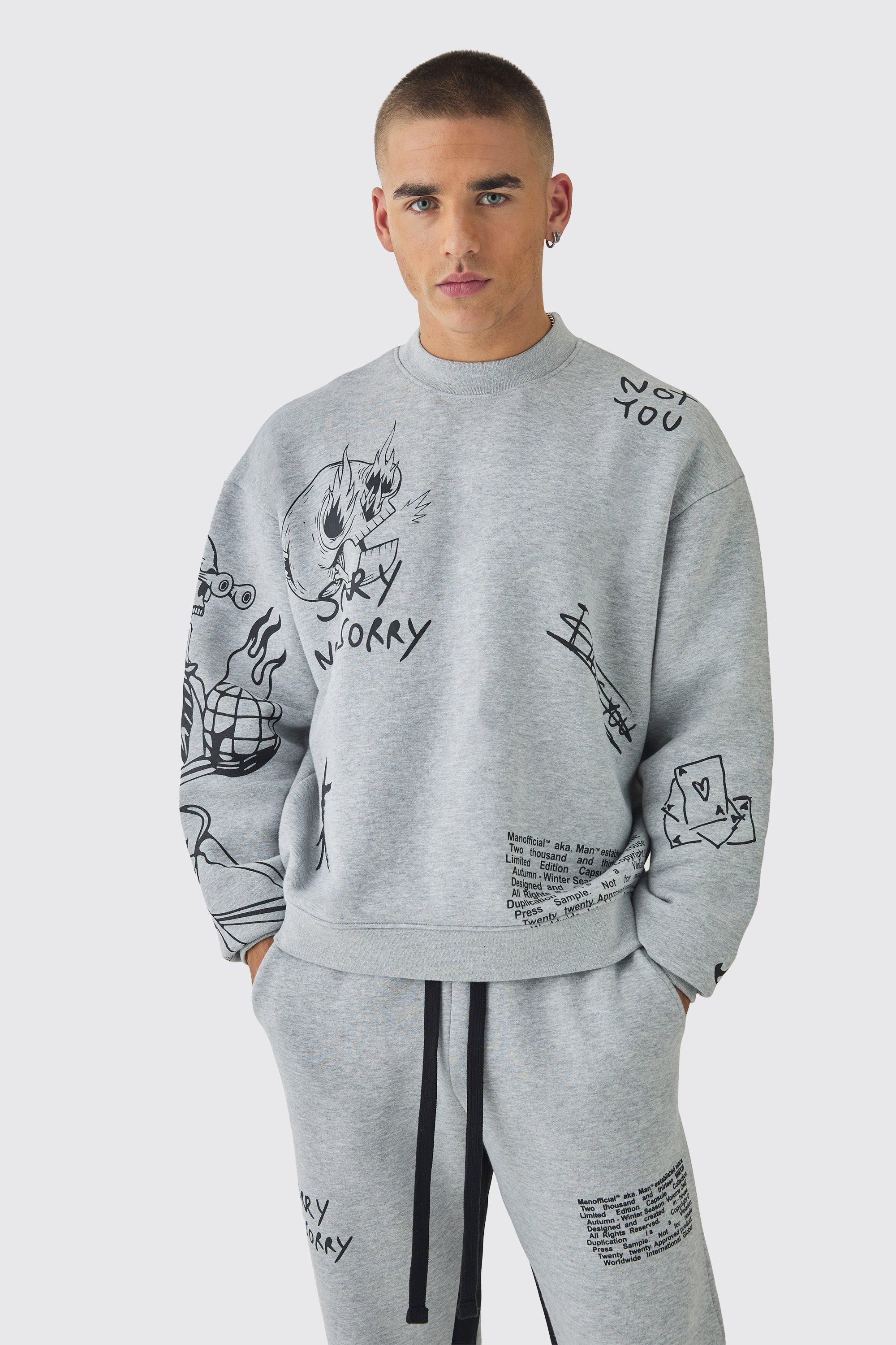 Oversized AOP Doodle Extended Neck Sweatshirt | boohooMAN USA Product Image