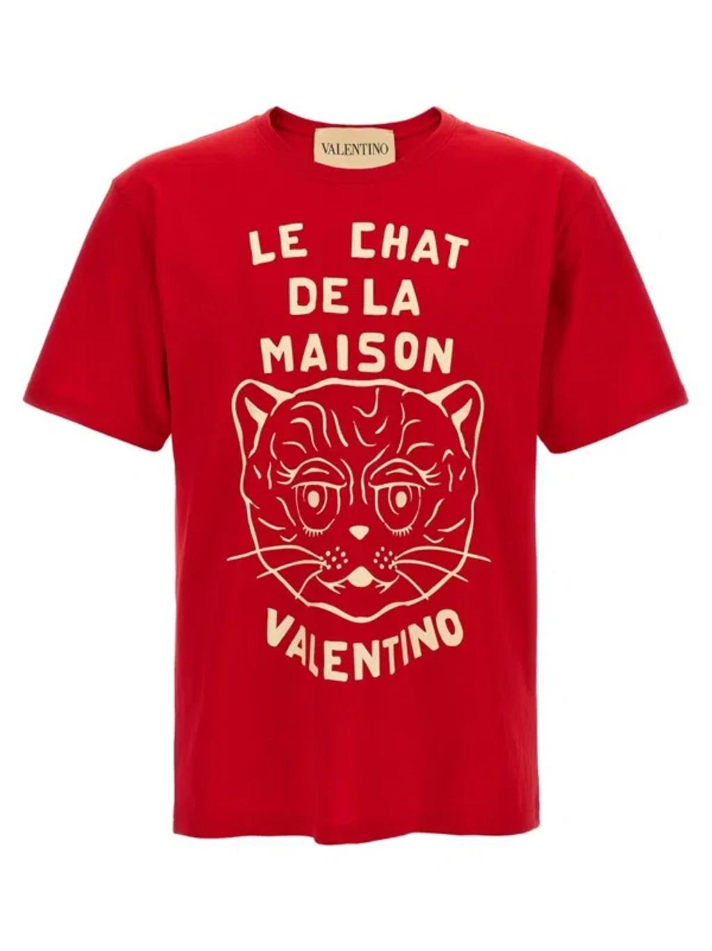 VALENTINO Graphic Print House Cat Crew Neck T-shirt In Red Product Image