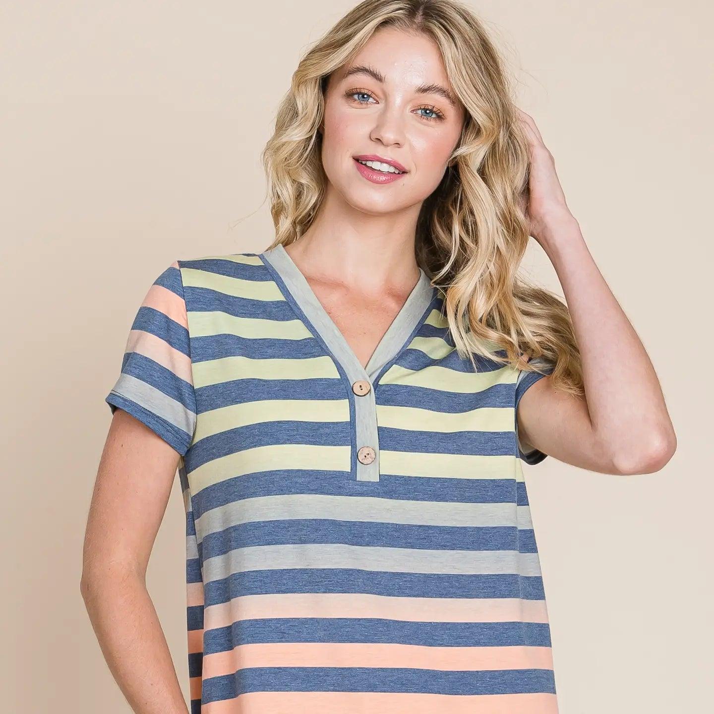 Women's Tshirt Button V-Neck Stripe Top Female Product Image