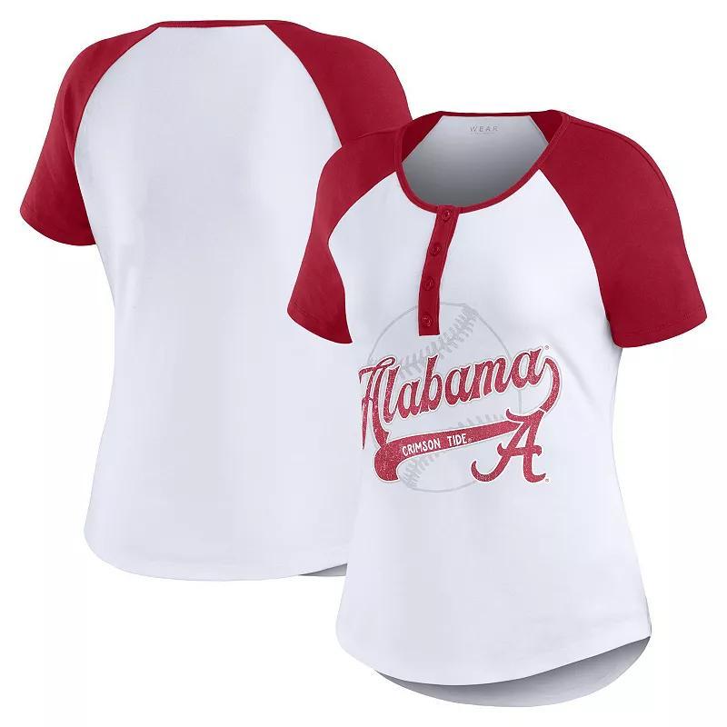 Women's WEAR by Erin Andrews White Alabama Crimson Tide Baseball Logo Raglan Henley T-Shirt, Size: Large Product Image