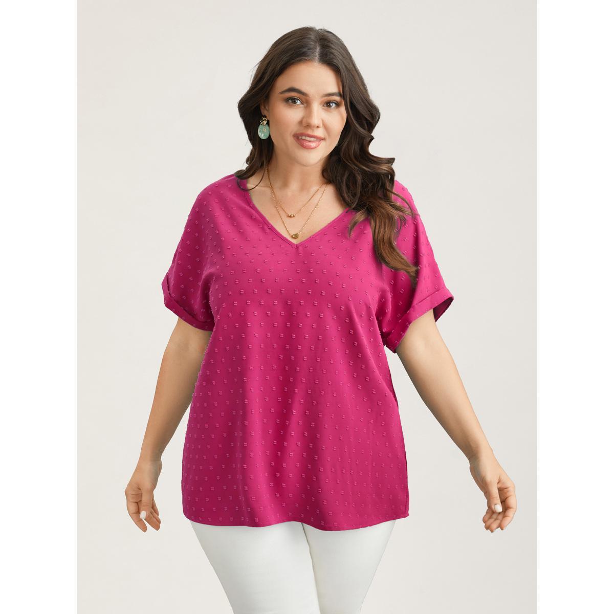 Plus Size RedViolet Back-Button Textured V-Neck Shirt Women Timeless Short sleeve V-neck Elegant Blouses BloomChic 12/L Product Image