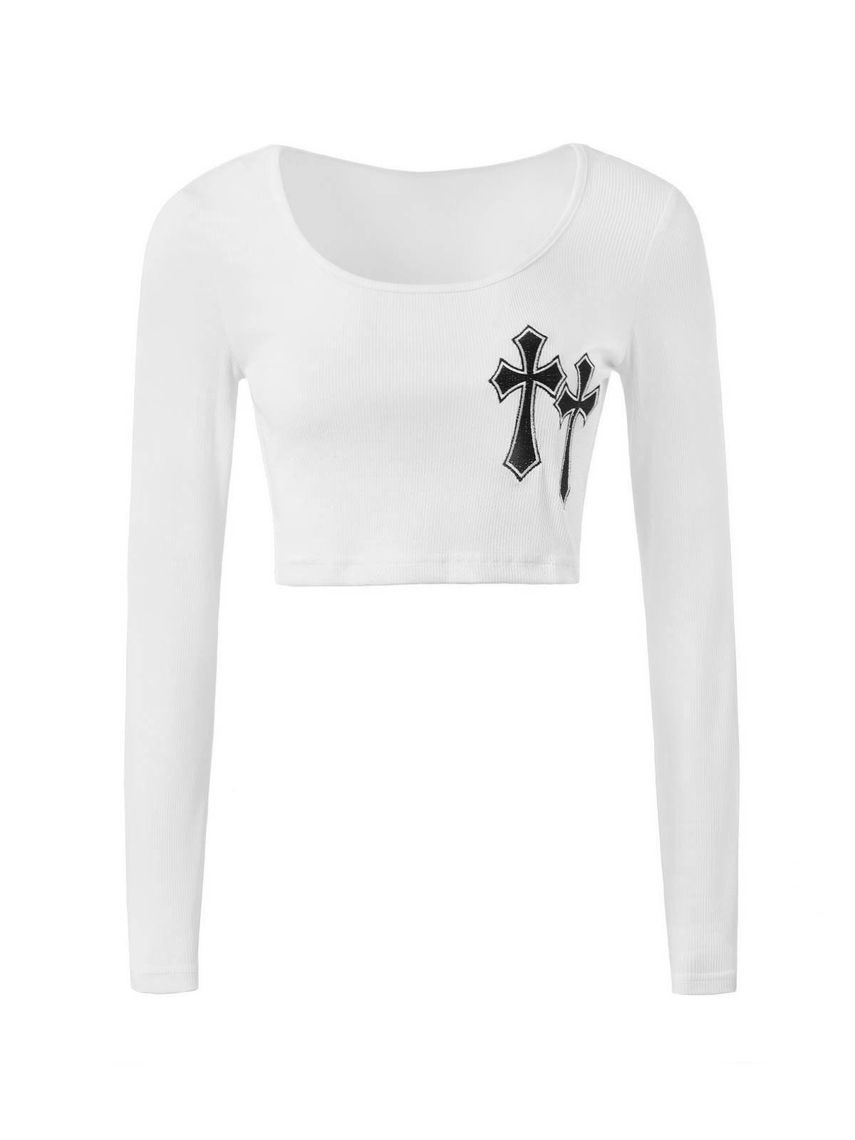 Cross Embroidered Ribbed Knit Crop Top Product Image