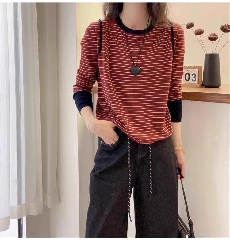 Long-Sleeve Round Neck Striped Contrast Trim Tee Product Image