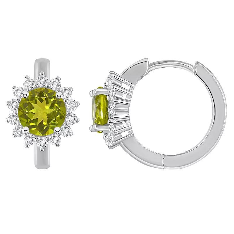 Celebration Gems Sterling Silver Round Gemstone & White Topaz Halo Huggie Hoop Earrings, Women's, Peridot Product Image