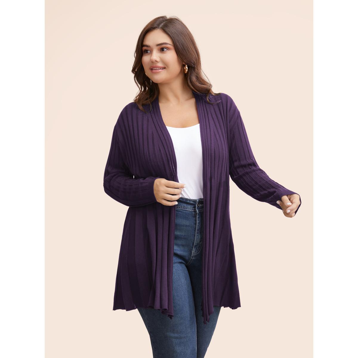 Plus Size Plain Textured Kimono Collar Cardigan Black Women Casual Loose Long Sleeve Everyday Cardigans BloomChic 12/L Product Image