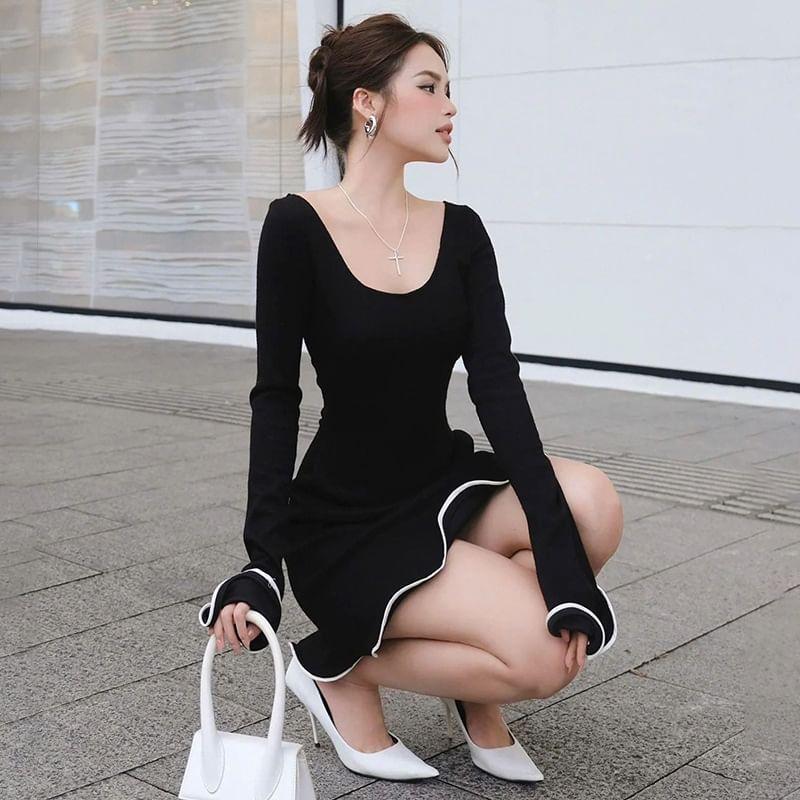 Bell Sleeve Contrast-Trim Open-Back Mini A-Line Dress Product Image