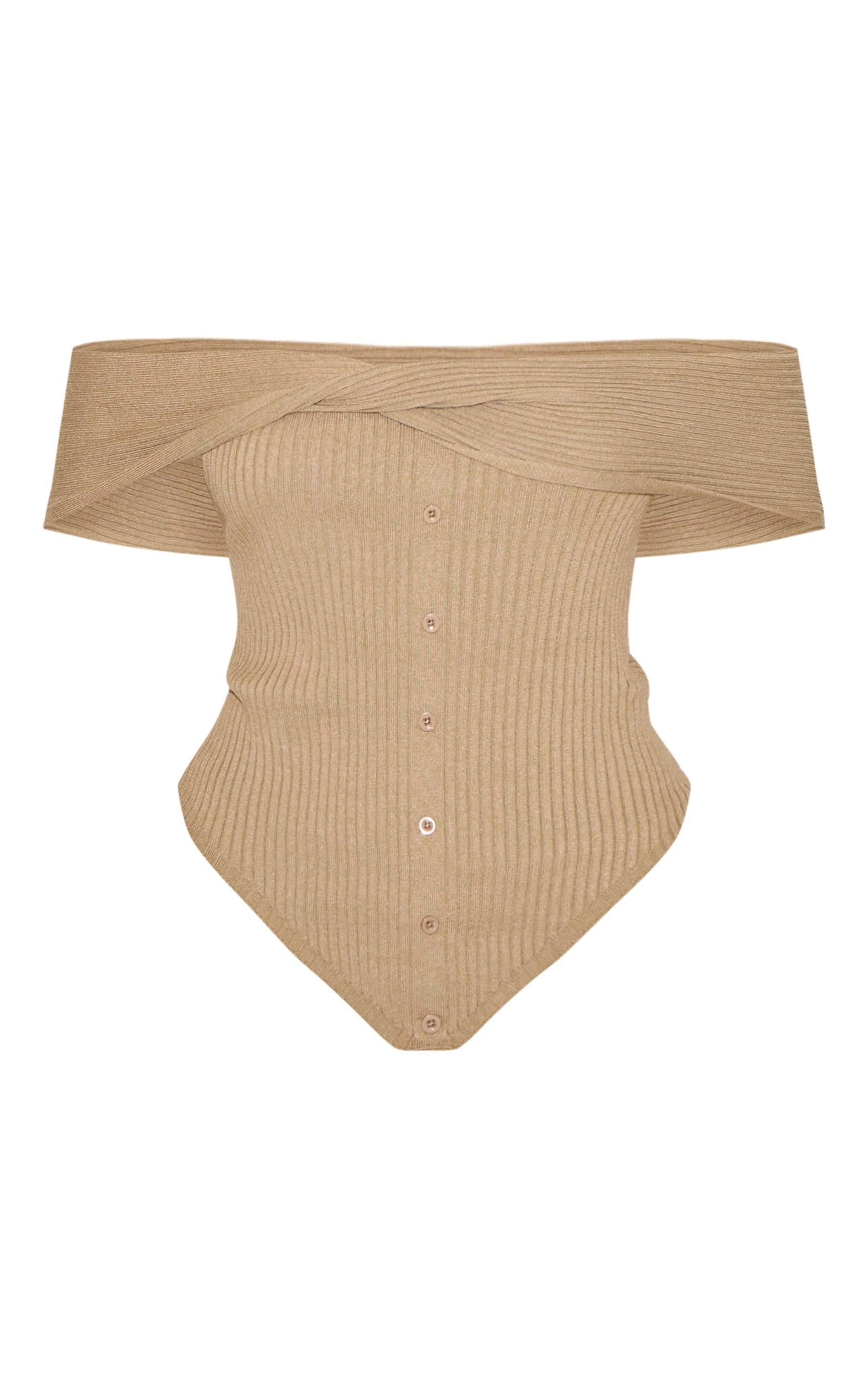 Taupe Rib Knit Twist Bardot Button Through Top Product Image