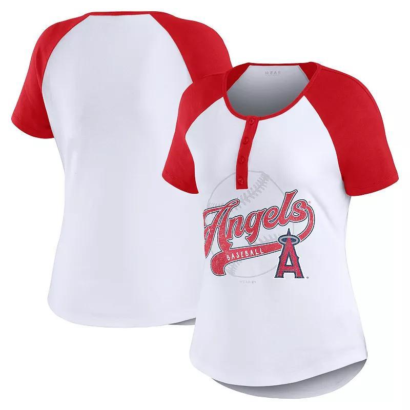 Women's WEAR by Erin Andrews White/Red Los Angeles Angels Henley Raglan T-Shirt, Size: XL Product Image