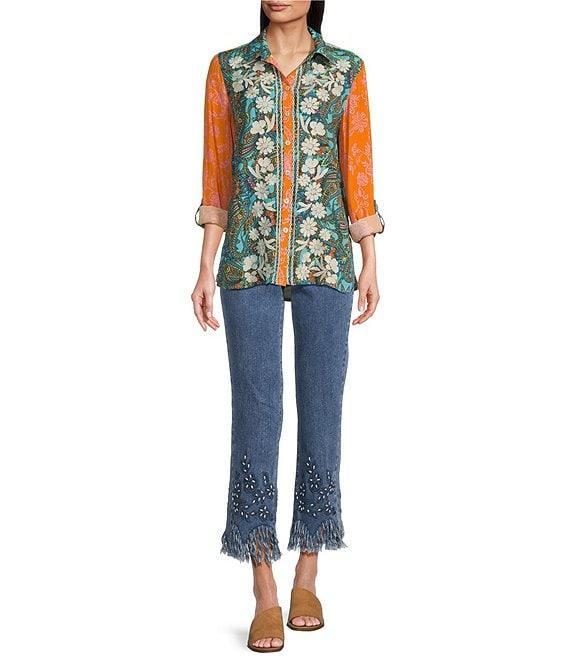 John Mark Multi Print Point Collar Long Roll-Tab Sleeve Button Front Top Product Image