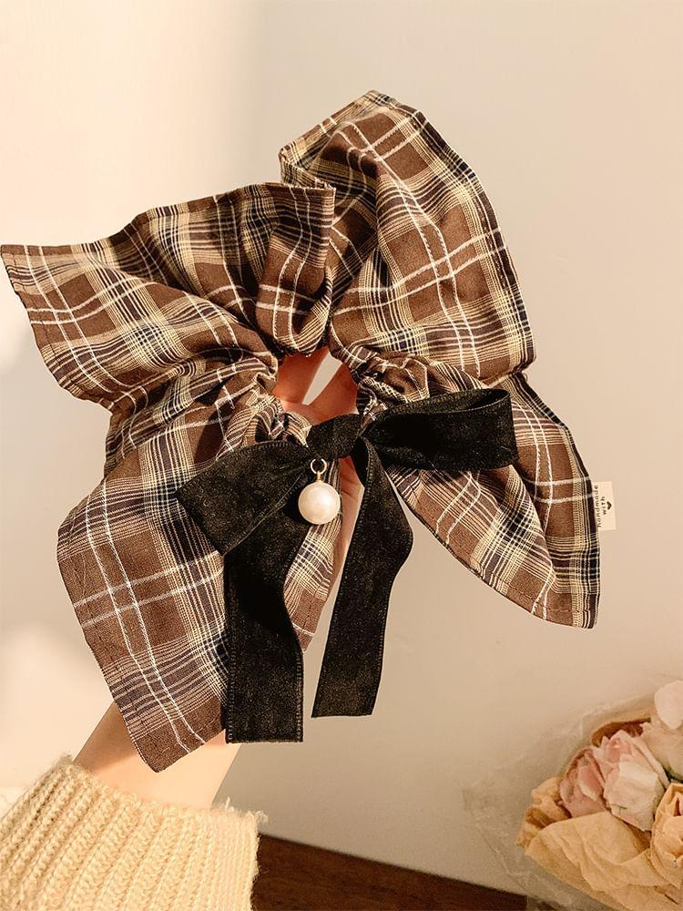 Plaid Bow Faux Pearl Scrunchie Product Image