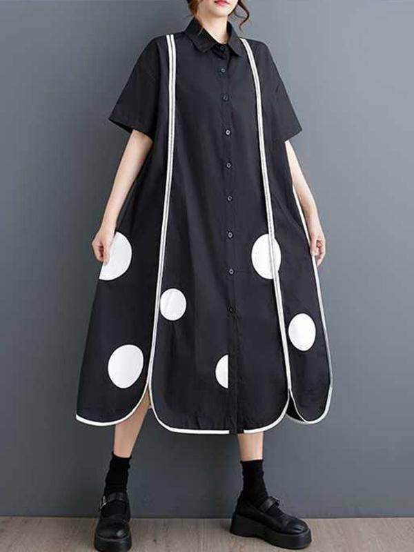 A-Line Half Sleeves Buttoned Pockets Polka-Dot Split-Front Split-Joint Lapel Midi Dresses Shirt Dress Product Image