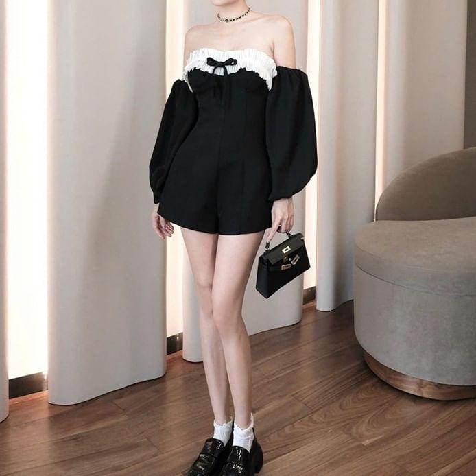 Long-Sleeve Off-Shoulder Two Tone Bow Accent Frill Trim Wide Leg Romper Product Image