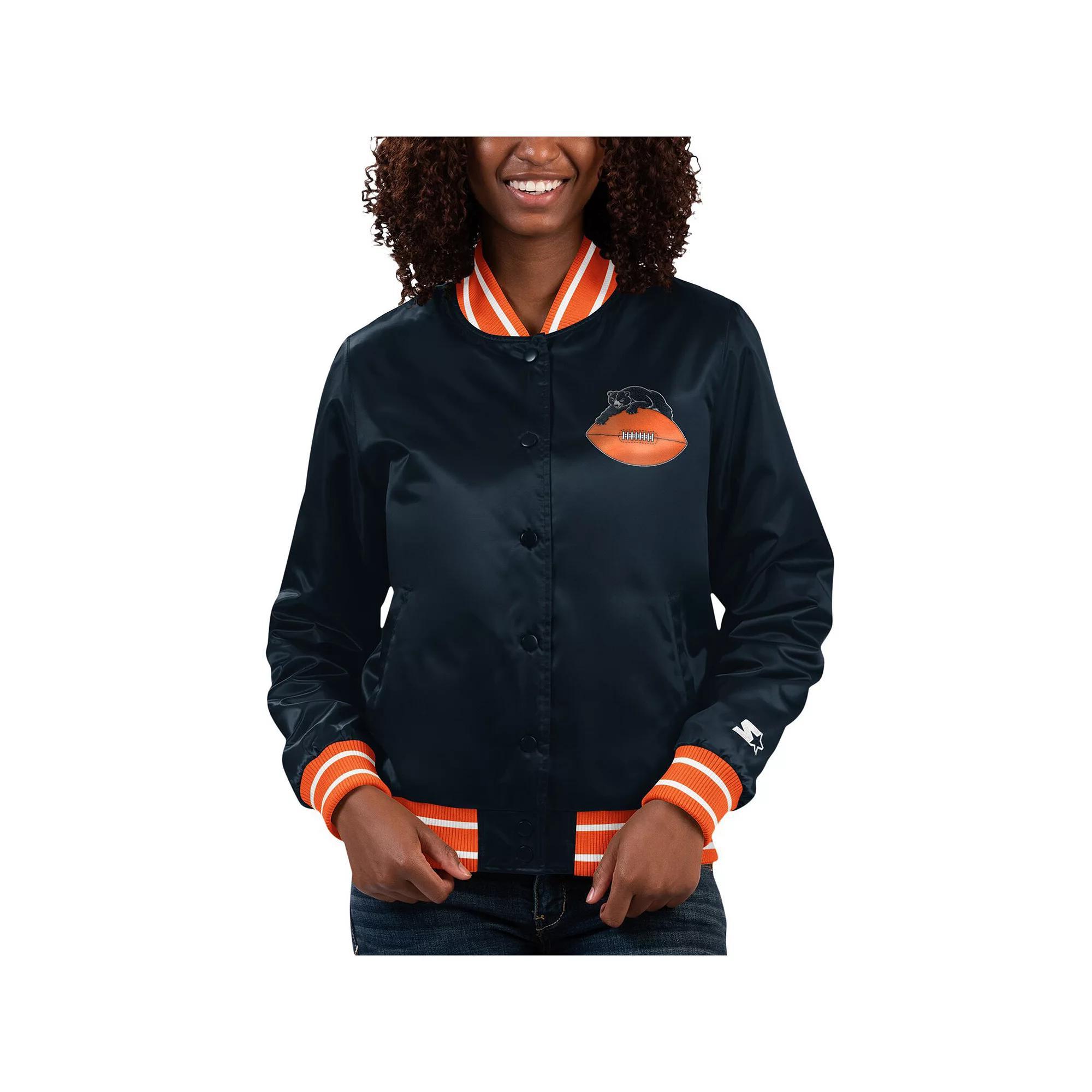 Women's Starter Navy/Orange Chicago Bears Full Count Satin Full-Snap Varsity Jacket, Size: 2XL, Blue Product Image