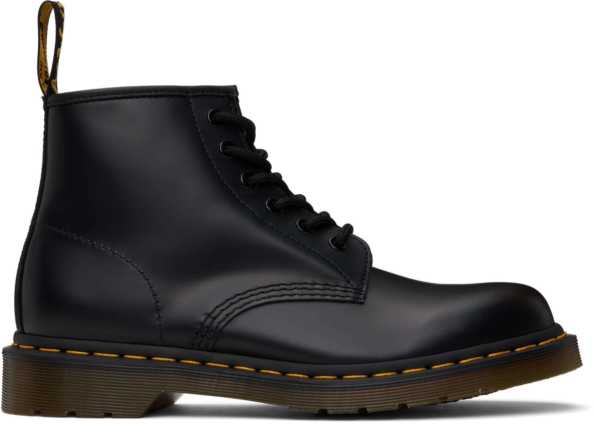 DR. MARTENS' Black 101 Yellow Stitch Smooth Leather Ankle Boots In Black Smooth Product Image