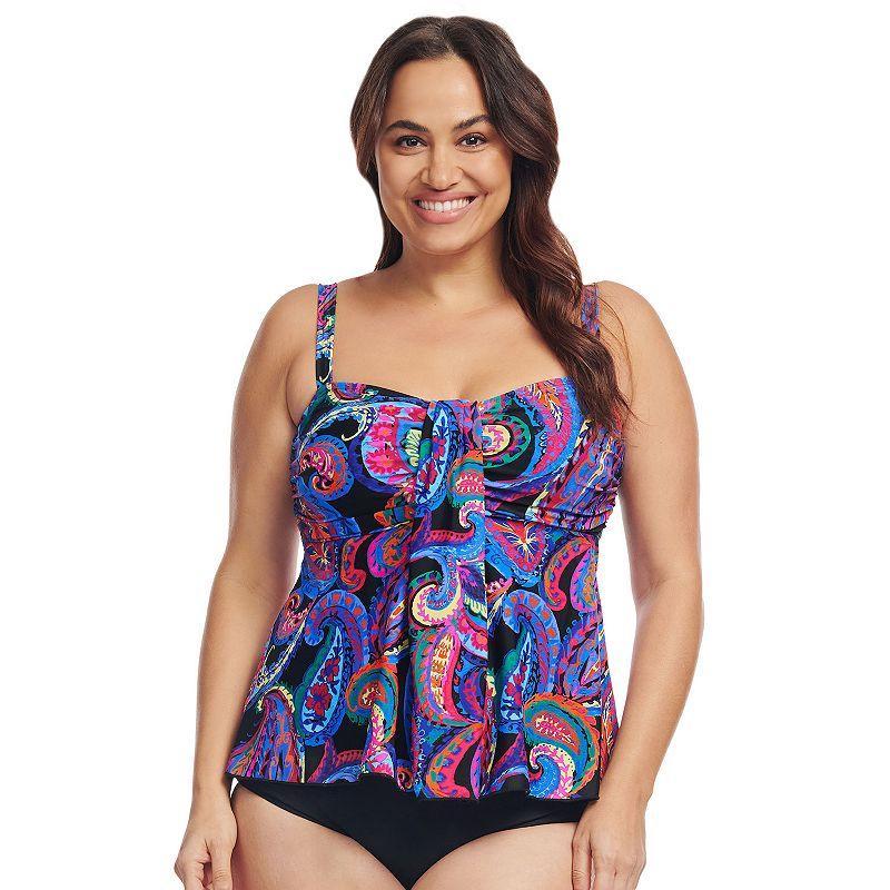 Plus Size Mazu Tropical Flora Draped Bandeau Tankini Swim Top, Womens Product Image