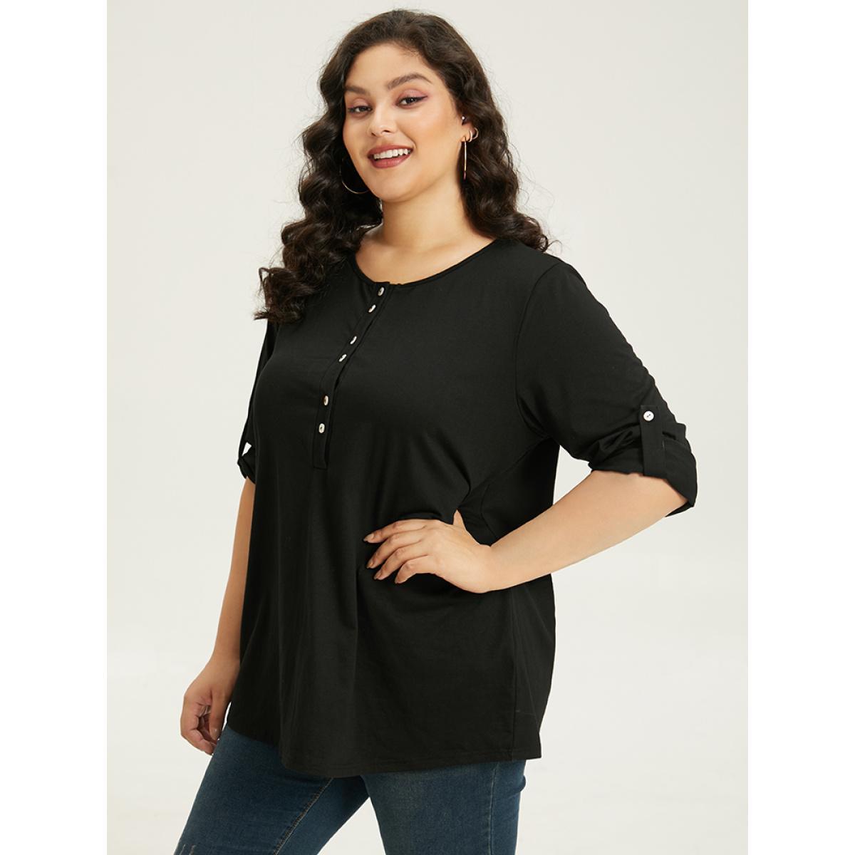 Plus Size Plain Button Up Tab Sleeve T-shirt Black Women Casual Plain Plain Round Neck Dailywear T-shirts BloomChic 12/L Product Image