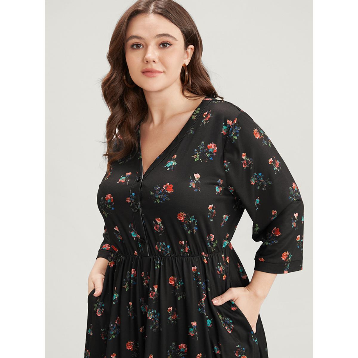Plus Size Ditsy Floral Button Up Pocket Split Hem Dress BlackFlower Women Elegant Slit V-neck Curvy Midi Dress BloomChic 12/L Product Image