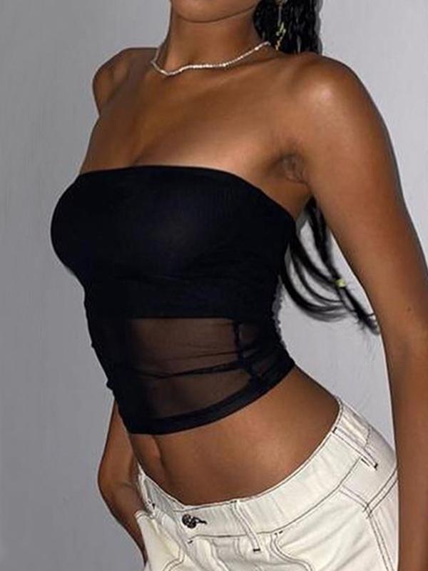 Black Paneled Mesh Bandeau Top Product Image