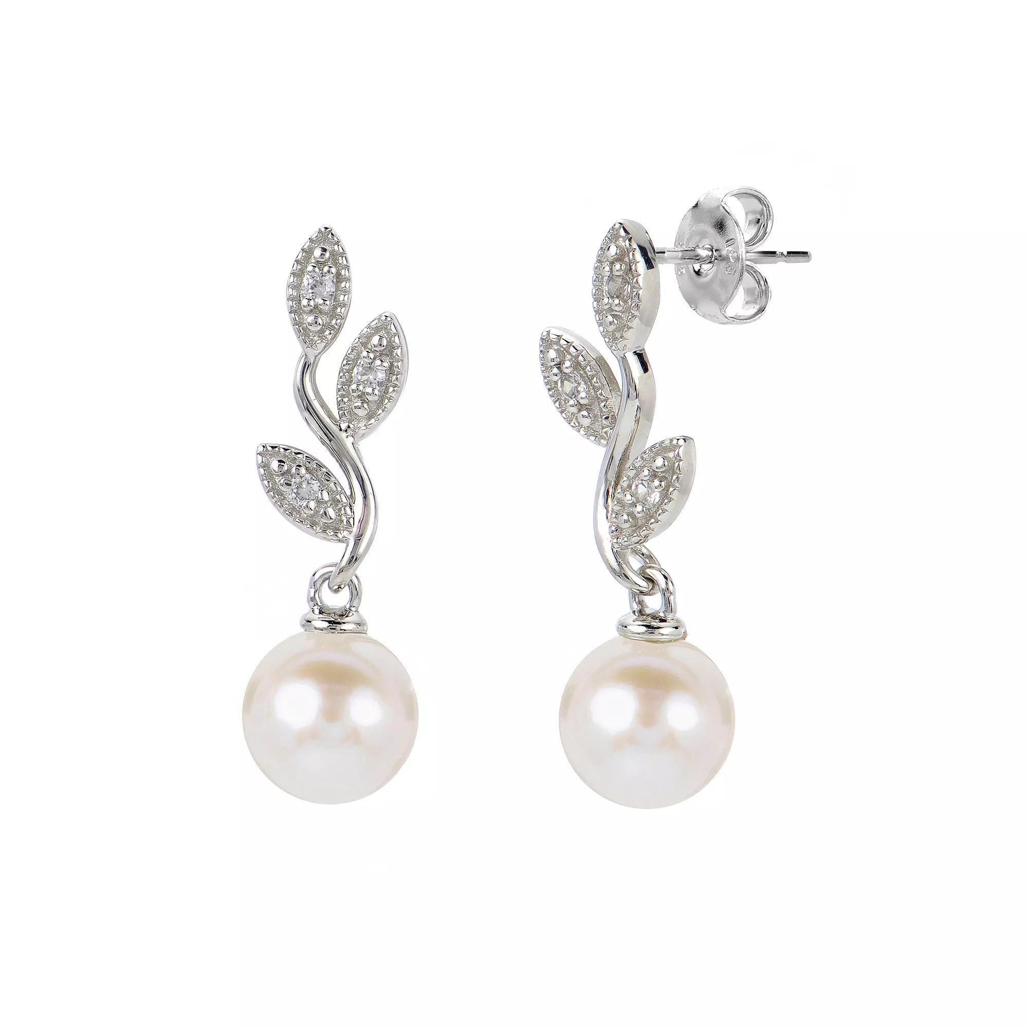 PearLustre by Imperial Sterling Silver Freshwater Cultured Pearl & Lab-Created White Sapphire Vintage Leaves Drop Earrings, Womens Product Image