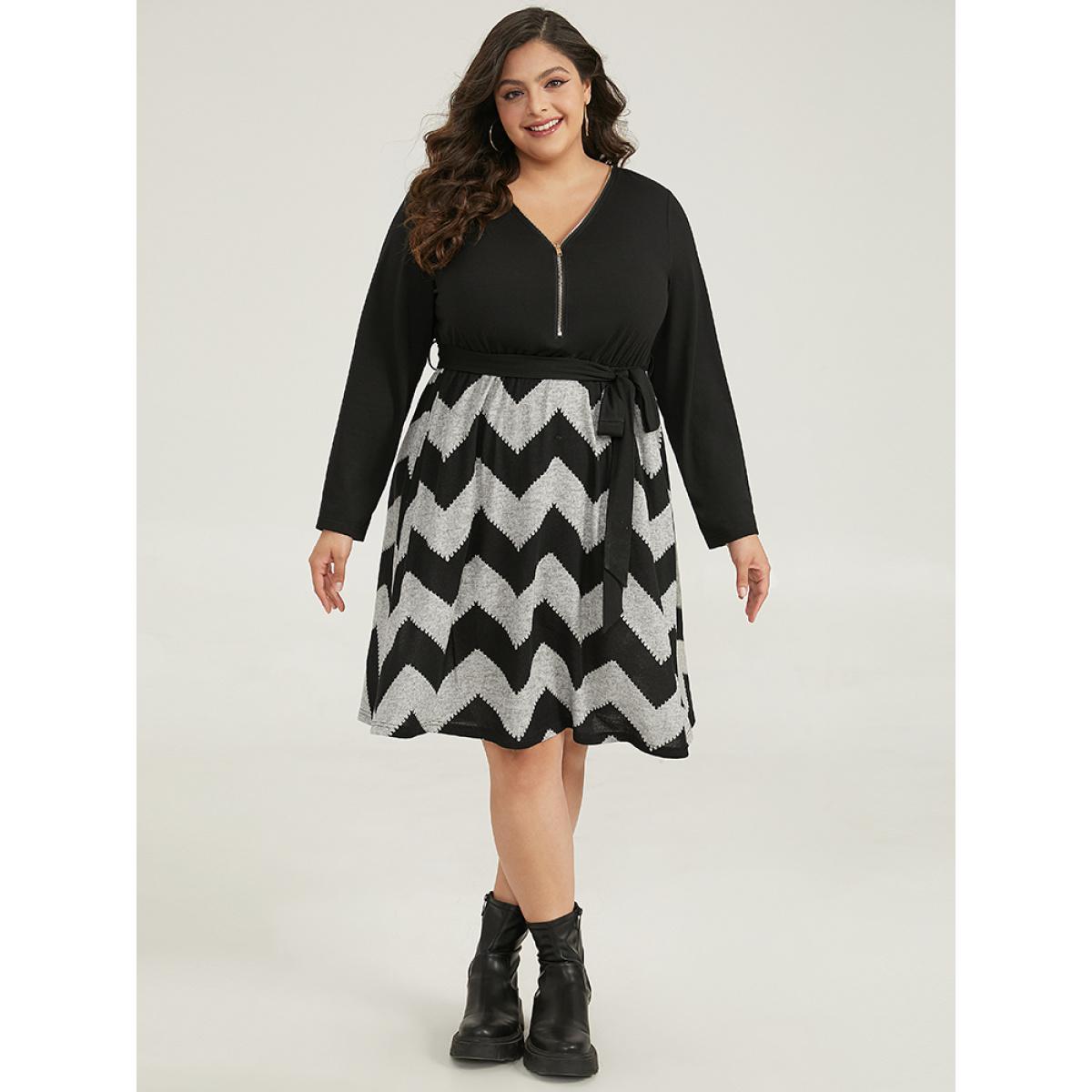 Plus Size Striped Pocket Elastic Waist Patchwork Zipper Dress Black Women Casual Zipper V-neck Long Sleeve Curvy Midi Dress BloomChic 10/M Product Image