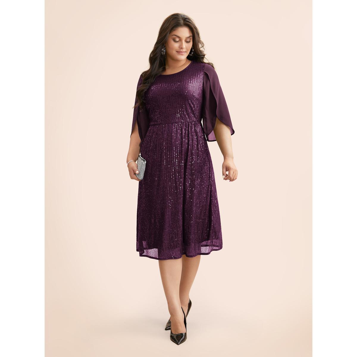 Plus Size Sequin Mesh Patchwork Petal Sleeve Dress Pureblack Women Party&Cocktail Overlapping Party Curvy Bloomchic 18-20/2X Product Image