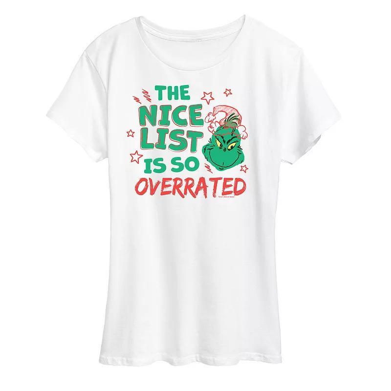 Women's Dr. Seuss The Grinch Nice List Overrated Graphic Tee, Girl's, Size: Large, White Product Image