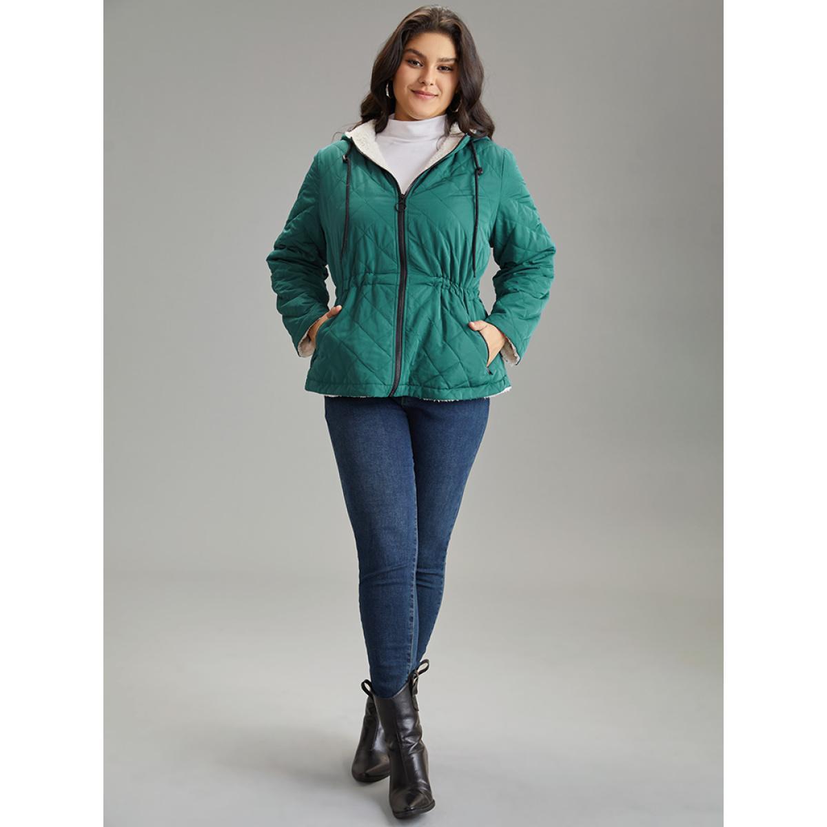 Plus Size Drawstring Quilted Zipper Fluffy Patchwork Jacket Women DarkGreen Texture Pocket Everyday Jackets BloomChic 14-16/1X Product Image