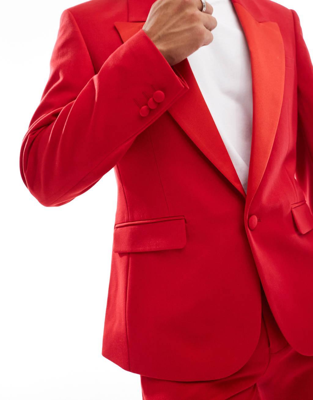 ASOS DESIGN low break slim tuxedo suit jacket in red Product Image