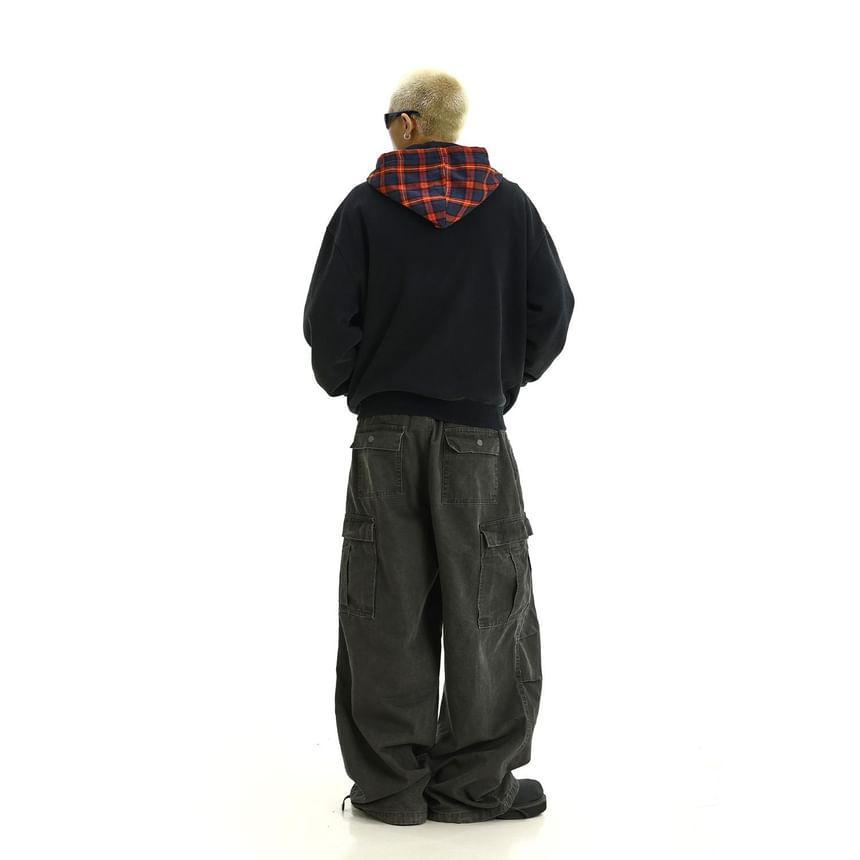 Mock Two Piece Plaid Panel Zip Up Hoodie Product Image