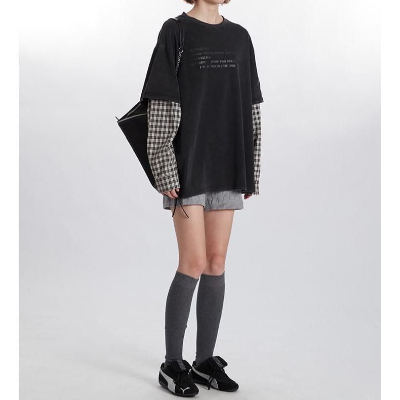 Mock Two Piece Long Sleeve Round Neck Plaid Panel Oversize T-Shirt Product Image