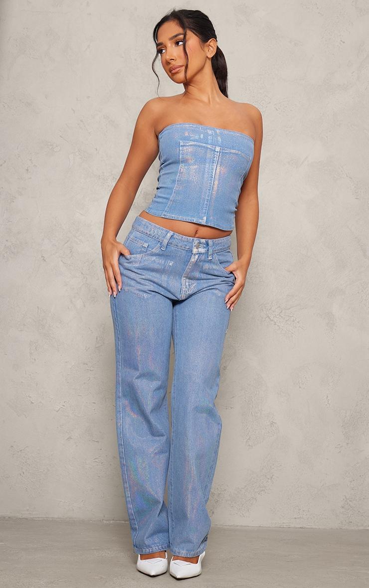 Petite Blue Iridescent Metallic Denim Panel Long Top Product Image