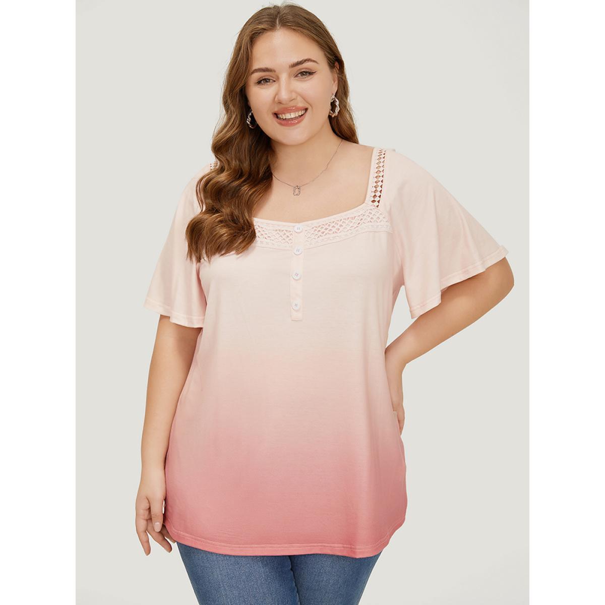 Plus Size Ombre Print Ruffle Sleeve Contrast Lace T-shirt OrangeRed Women Elegant Lace Ombre Square Neck Dailywear T-shirts BloomChic 28/5X Product Image