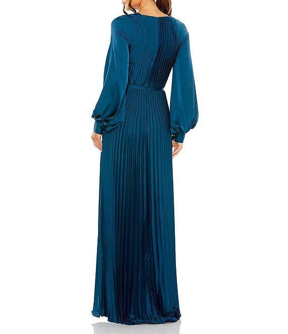 Mac Duggal Crew Neck Long Blouson Cuff Sleeve Pleated High Slit Gown Product Image