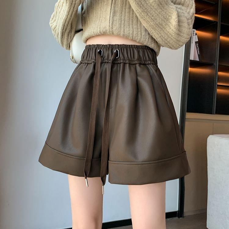 Drawstring Waist Plain Faux Leather Shorts Product Image