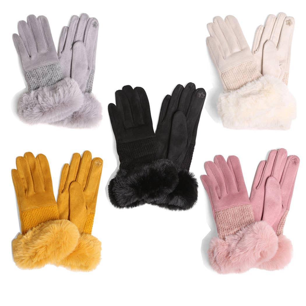 Women's Solid Suede Faux Fur Cuffed Touch Gloves Product Image