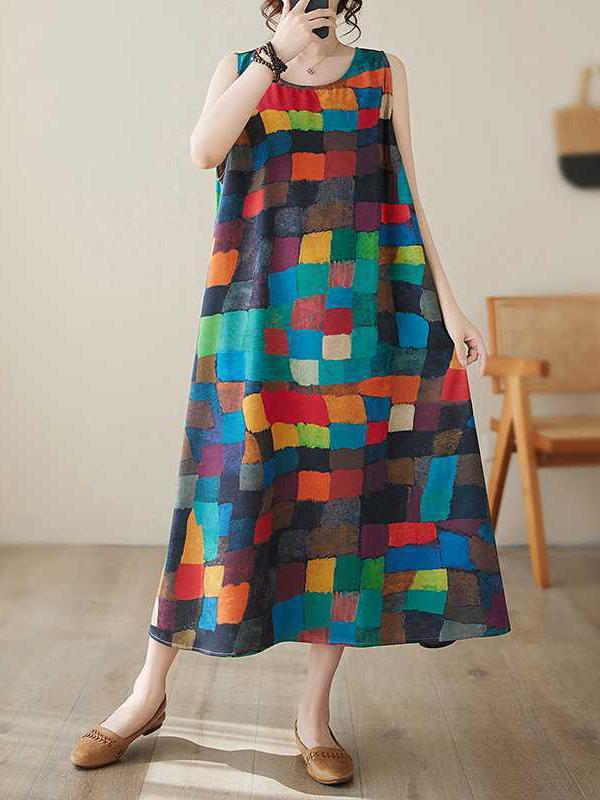 Loose Sleeveless Contrast Color Multi-Colored Plaid Round-Neck Midi Dresses Product Image