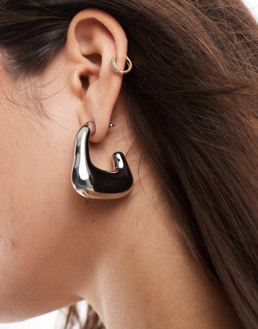 ASOS DESIGN hoop earrings with molten square detail in silver tone Product Image