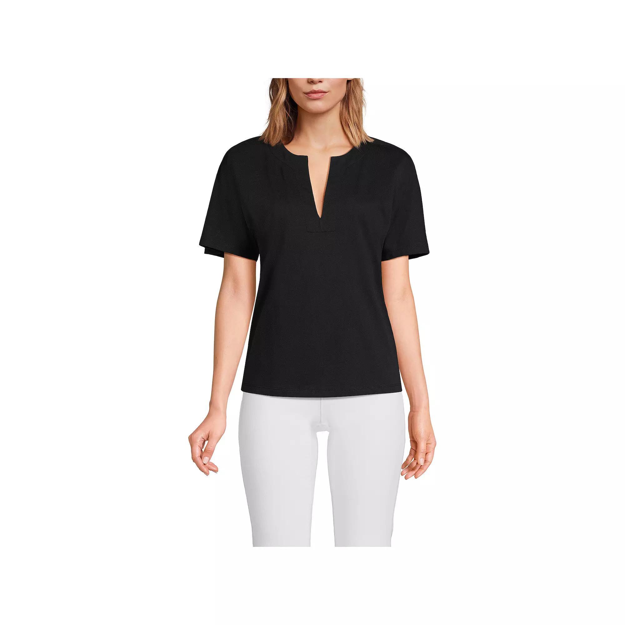 Women's Lands' End Short Sleeve Supima Notch Neck T-shirt, Size: XS, Black Product Image