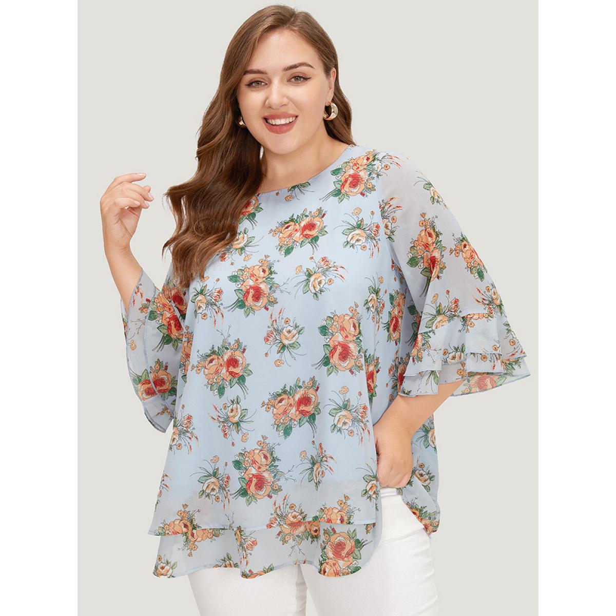 Plus Size LightBlue Floral Ruffle Sleeve Layered Hem Blouse Women Elegant Elbow-length sleeve Round Neck Dailywear Blouses BloomChic 22-24/3X Product Image